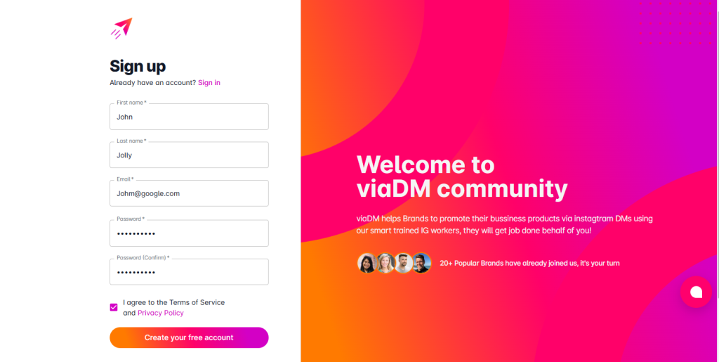 ViaDM Signup page.