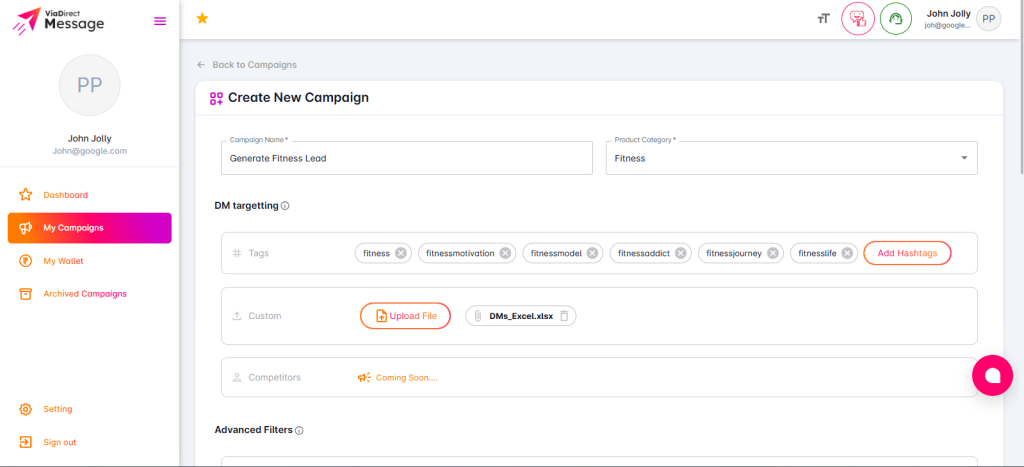Dashboard view showing Instagram audience targeting by hashtags, location, and competitor followers.