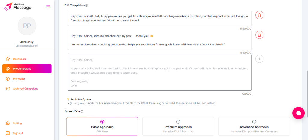 Dashboard view how to setup Instagram DM templates.