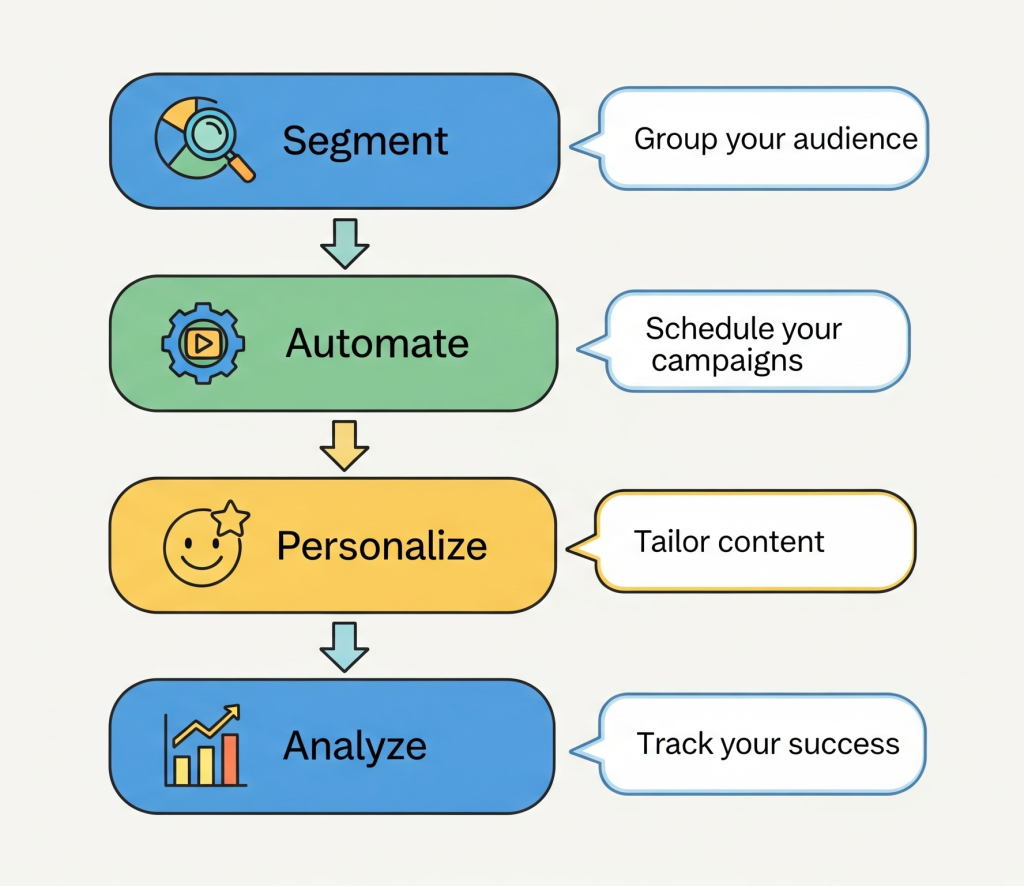 Infographic Image:
Step-by-step flowchart of “Segment → Automate → Personalize → Analyze”.
Icons for audience, AI bot, message template, analytics graph.