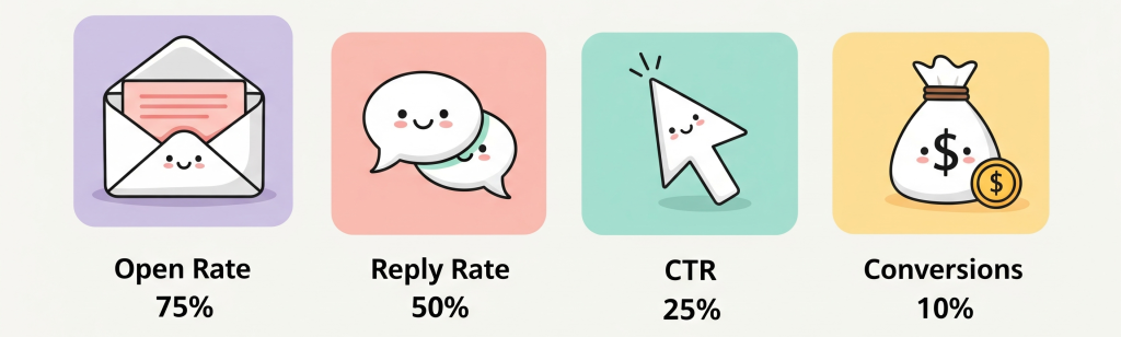 Infographic with KPIs (open rate, reply rate, CTR, conversions).