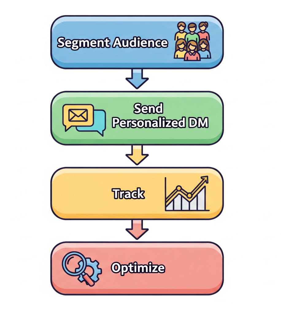 Workflow Diagram → Step-by-step flowchart: “Segment Audience → Send Personalized DM → Track → Optimize.”
