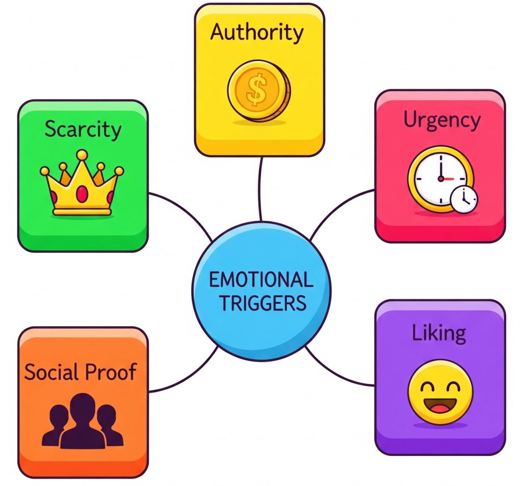 A psychology mind-map graphic showing emotional triggers like curiosity, trust, reciprocity. (Bright colors, modern infographic style)