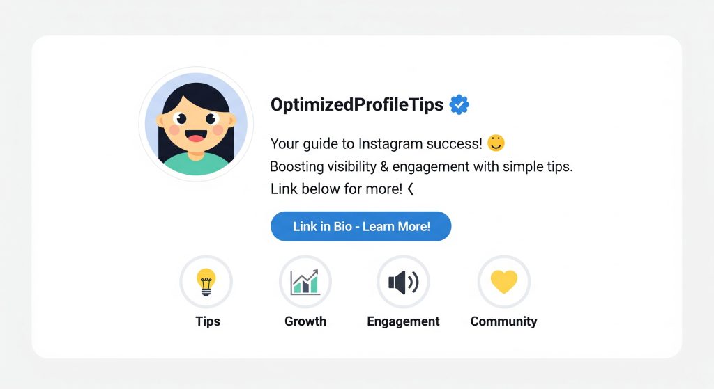 Optimized Instagram profile screenshot mockup with highlights, bio, and CTA button.