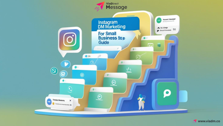 Instagram DM Marketing for Small Businesses step-by-step guide illustration with phone, messages, and business icons