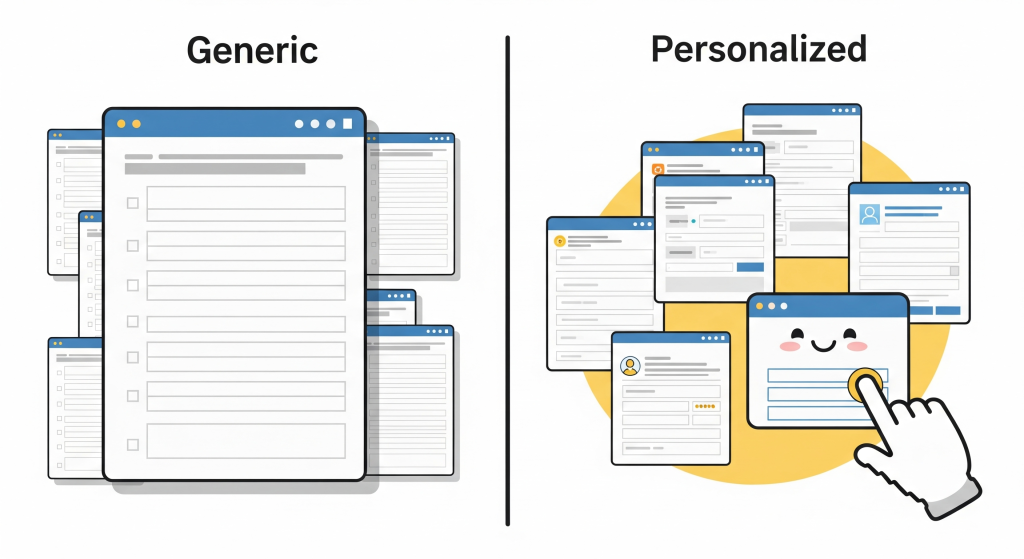 Two side-by-side mockups of DMs:
One “Generic” DM (boring, spammy).
One “Personalized” DM (friendly, with name + emojis).