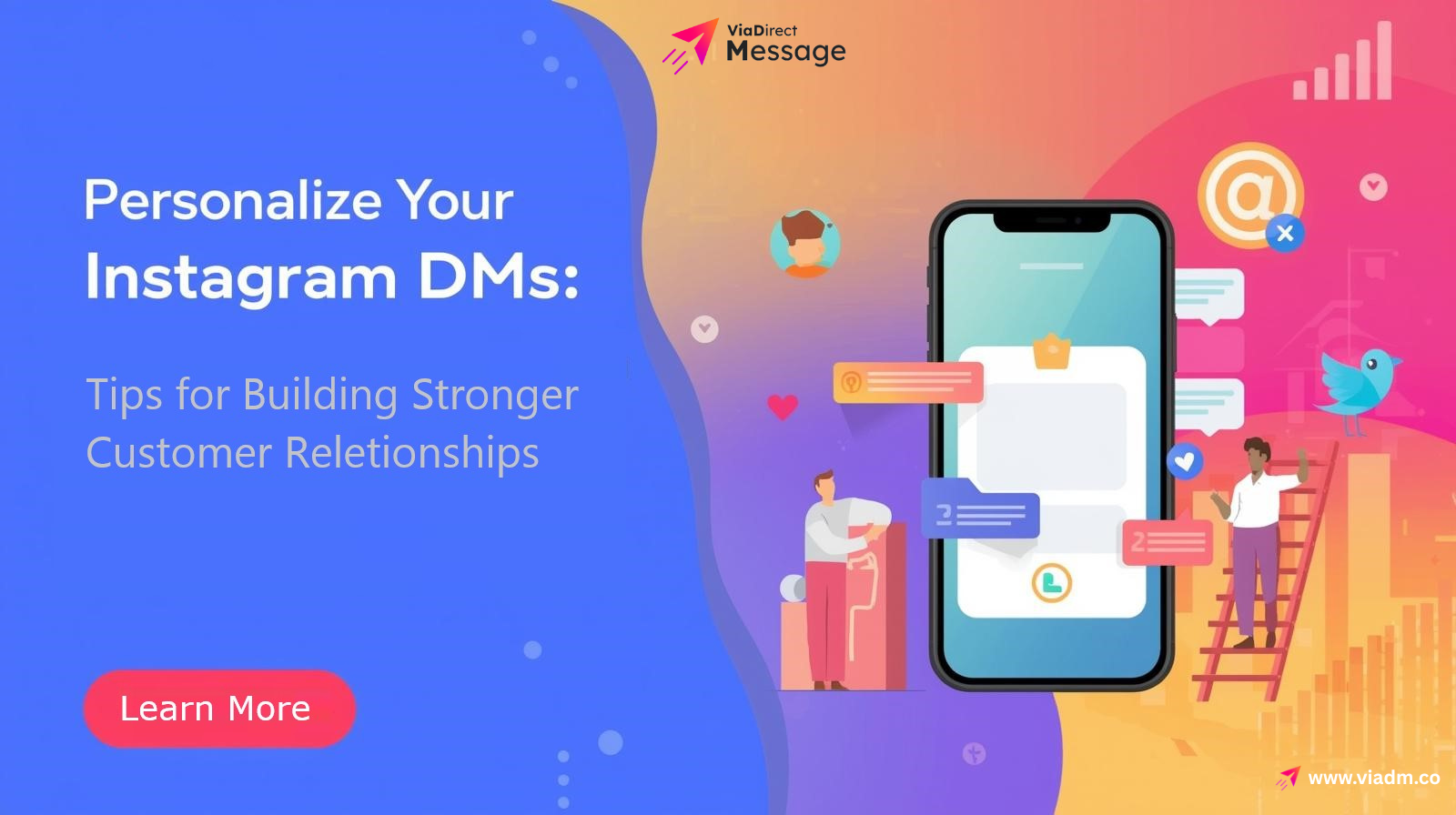 Featured image showing Instagram DM personalization with ViaDM tool and customer engagement.