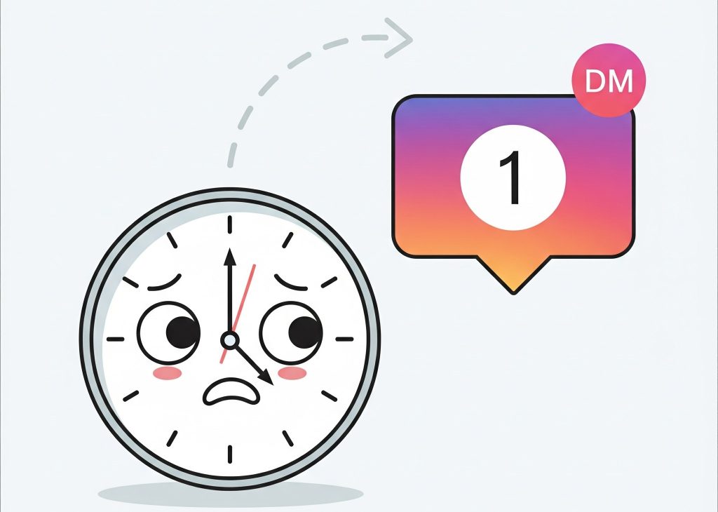 Visual for Mistake 1 (Delayed Responses): Clock + Instagram DM notification.
