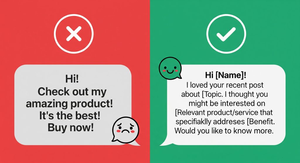 Mistakes Section: A red cross over “spammy DMs” vs. green tick for “personalized DMs.”