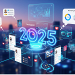 Futuristic digital marketing landscape with Instagram DMs and analytics, representing 2025's best tools.