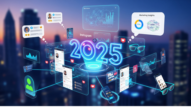 Futuristic digital marketing landscape with Instagram DMs and analytics, representing 2025's best tools.