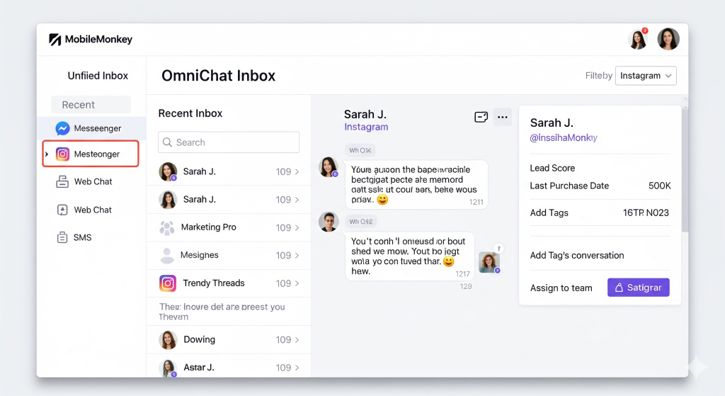 MobileMonkey's OmniChat platform showing unified inbox and Instagram DM management.