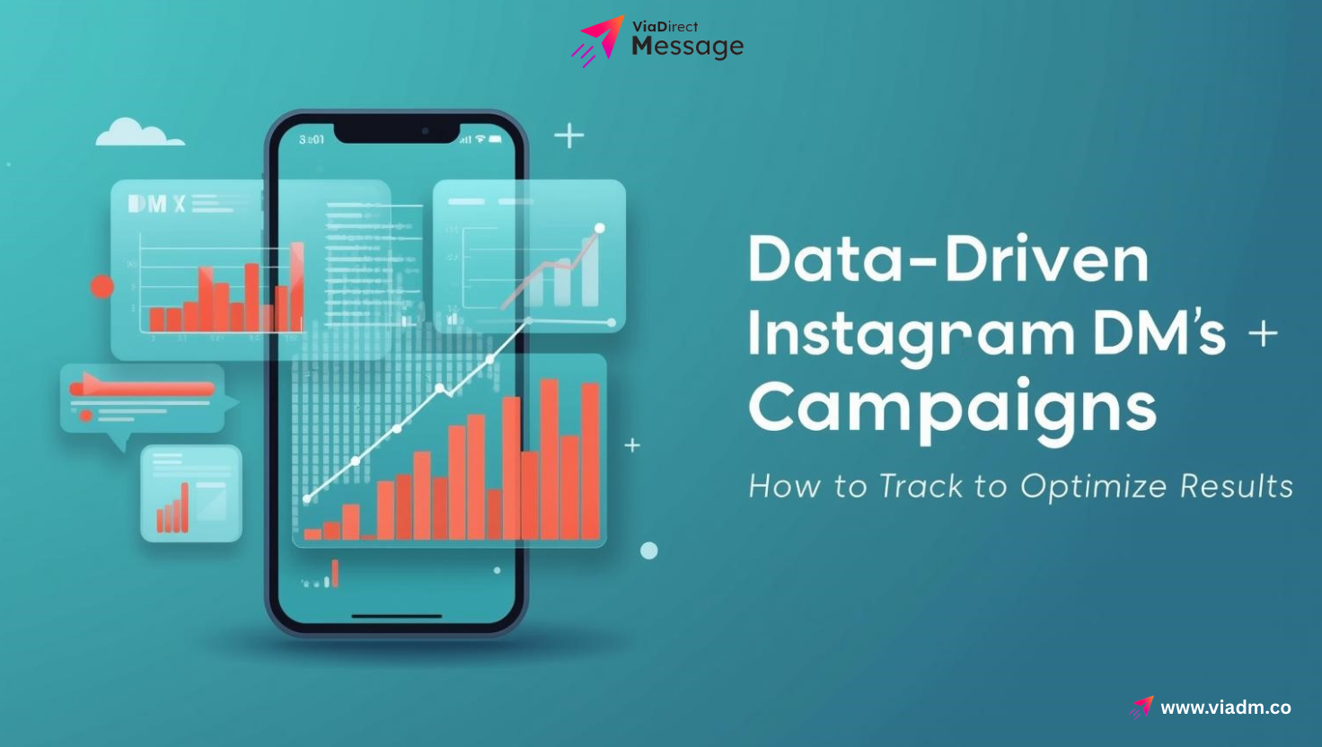 Data-driven Instagram DM campaigns illustration showing analytics dashboard, message icon, and growth chart.
