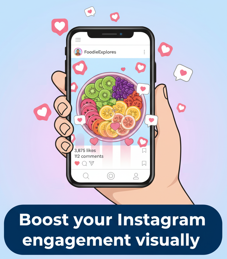Instagram post mockup showing rising likes and comments