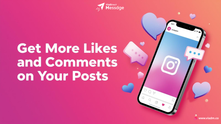Instagram feed mockup with floating heart and comment icons representing likes and comments, with bright modern interface and analytics charts in the background.