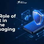 Secure online messaging illustration with trust elements like shield and chat icons.