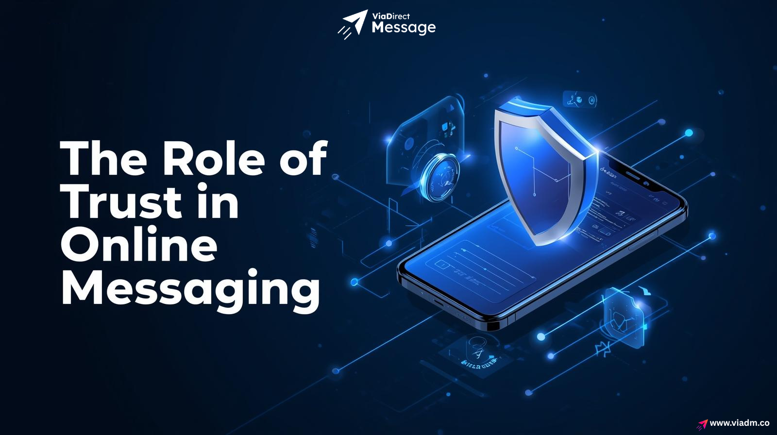 Secure online messaging illustration with trust elements like shield and chat icons.