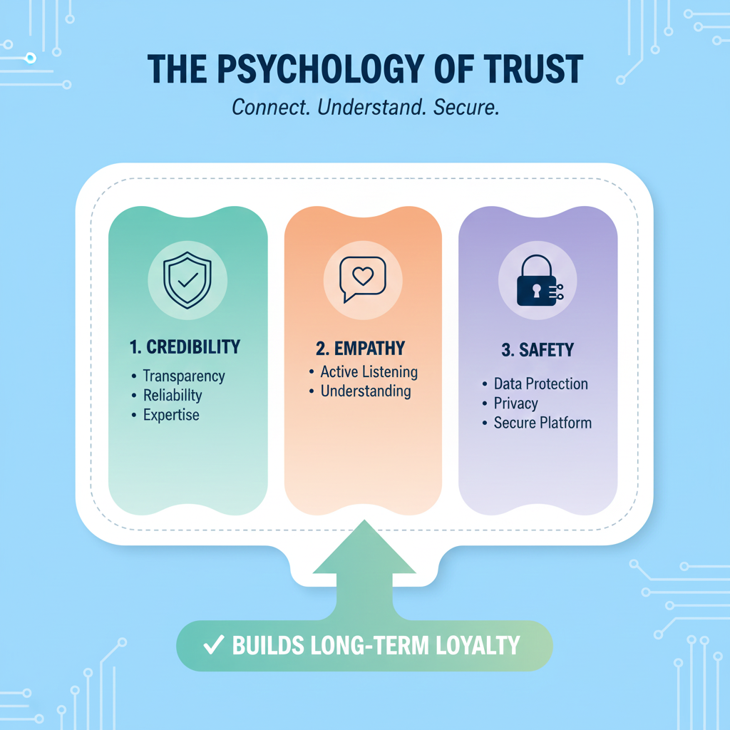 A psychological breakdown infographic showing credibility, empathy, and safety in messaging.