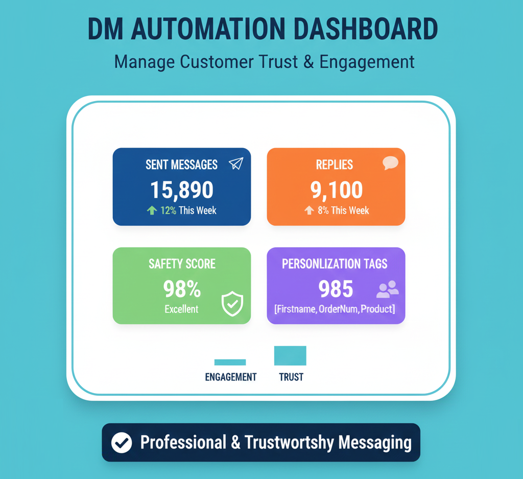 A dashboard-style illustration representing a DM automation platform similar to ViaDM.