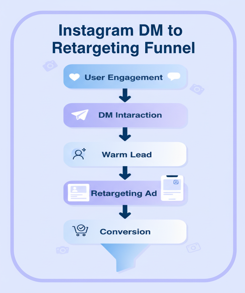 Instagram DM to retargeting funnel process infographic.