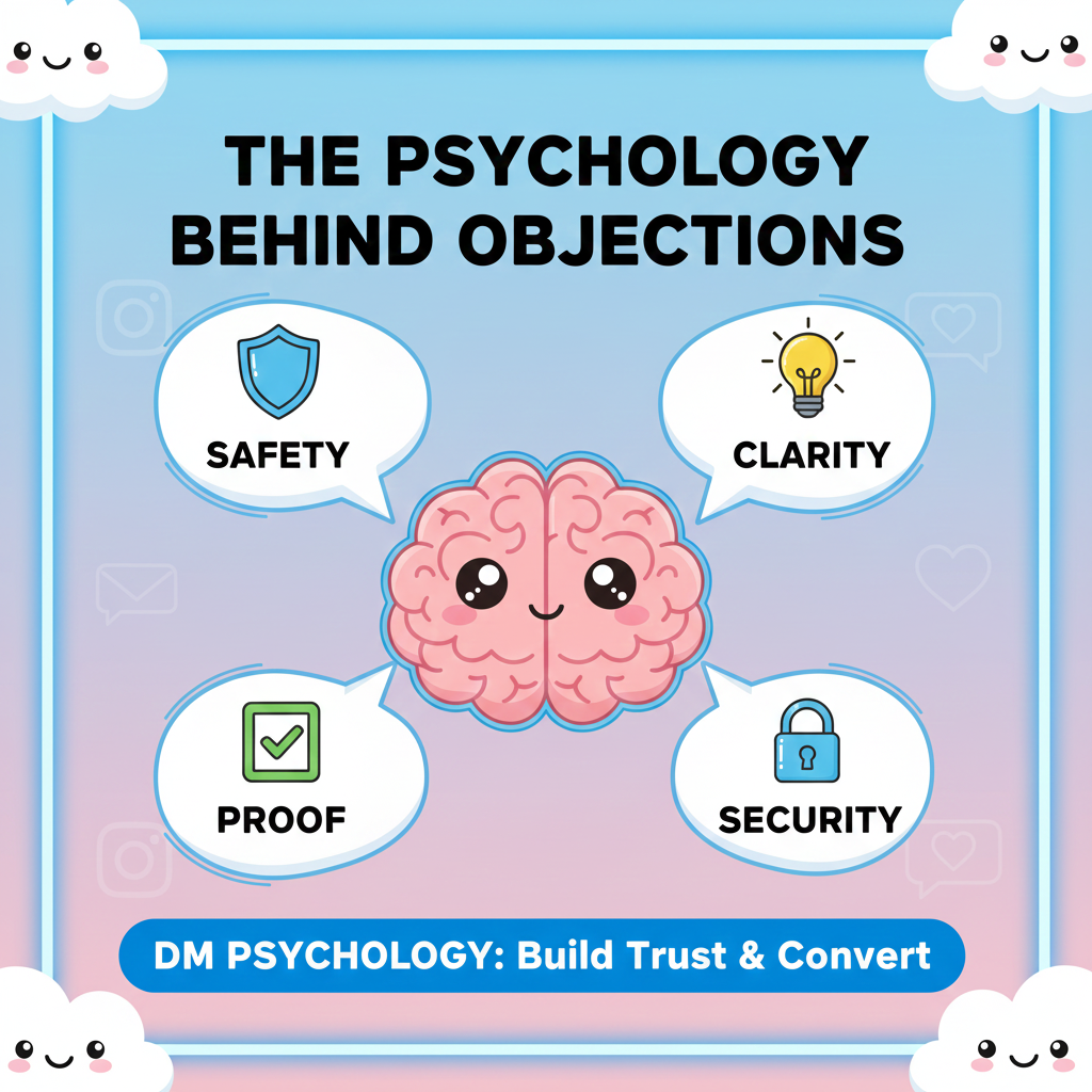 Graphic illustrating psychological reasons behind objections in Instagram DM conversations.