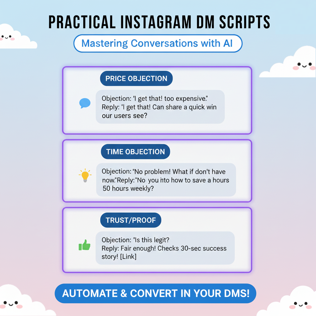 Mockup showing real Instagram DM objection-handling scripts.