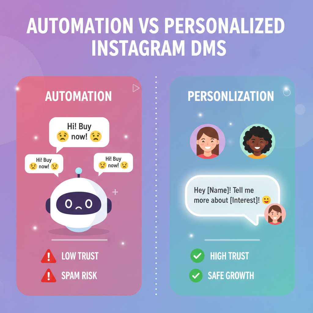 Comparison image showing automated Instagram DMs versus personalized DM conversations