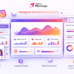 Instagram growth service dashboard showing DM outreach, engagement analytics, and follower growth