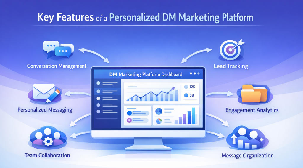 features of a personalized DM marketing platform including conversation management and analytics