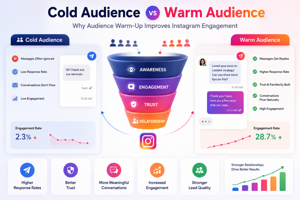 Instagram DM audience warm-up infographic showing engagement benefits