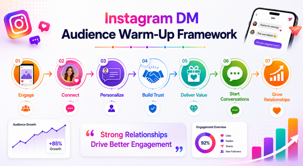 Instagram DM audience warm-up strategy roadmap infographic