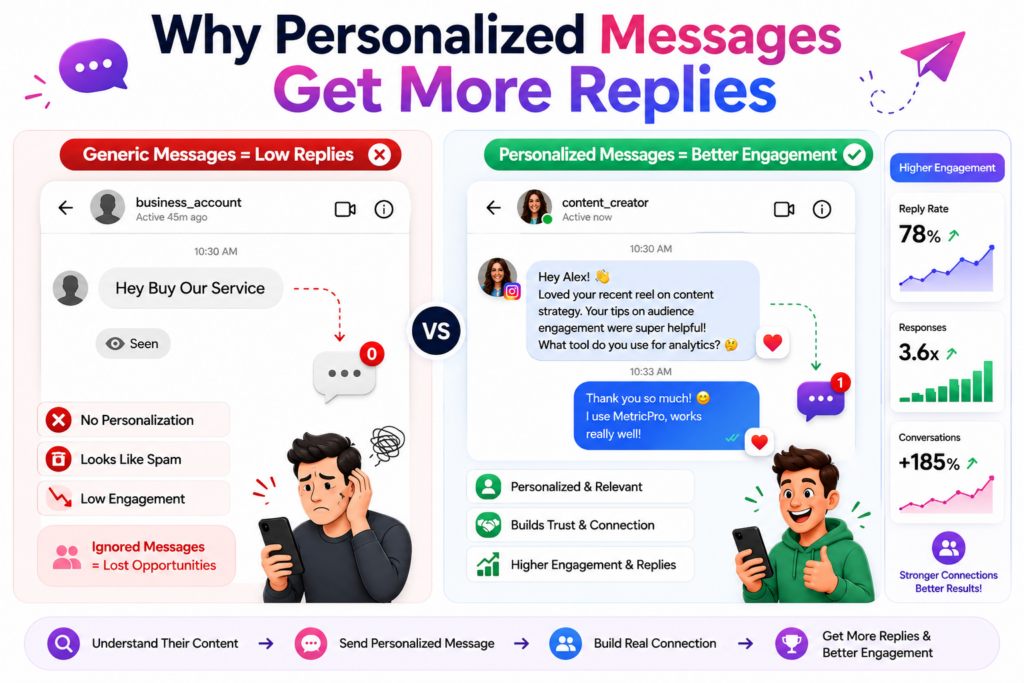 Personalized Instagram DM strategy infographic showing higher engagement and better reply rates