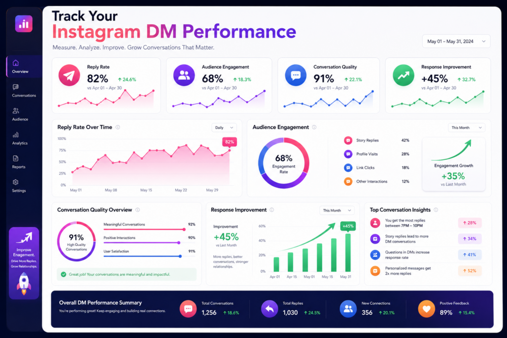 Instagram DM engagement analytics dashboard showing reply rate tracking and conversation performance