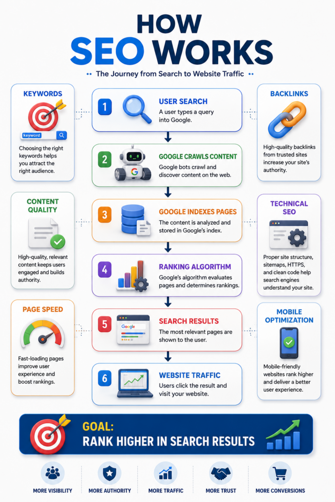 How SEO works infographic showing search rankings, indexing, and organic traffic generation.