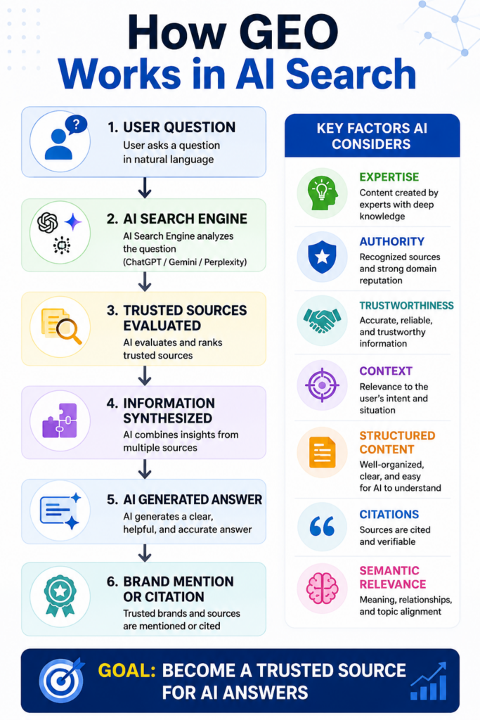 Generative Engine Optimization infographic explaining how brands appear in AI-generated answers.