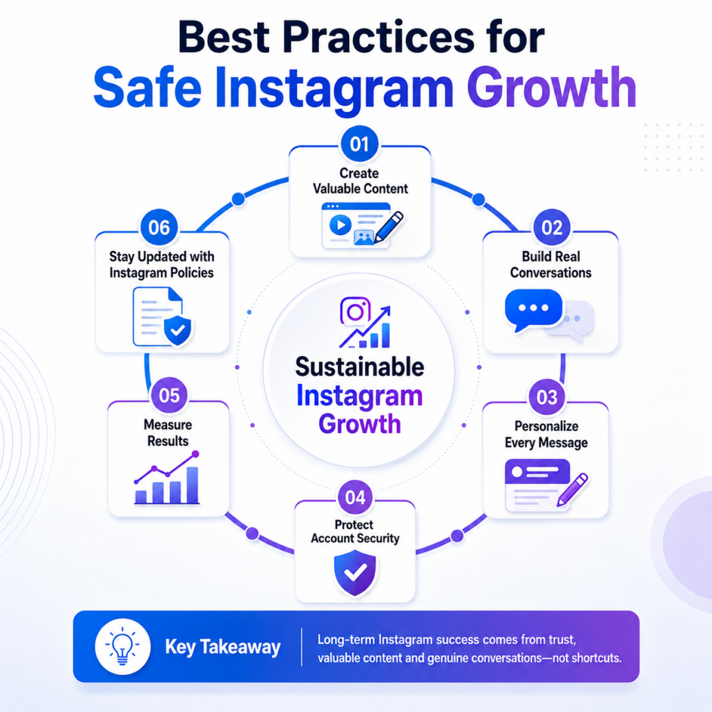Best practices for safe Instagram growth infographic.