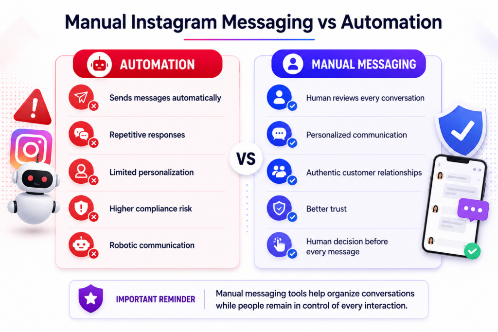 Manual Instagram messaging versus automation comparison.