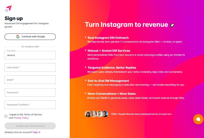 ViaDM dashboard for managing Instagram outreach campaigns.
