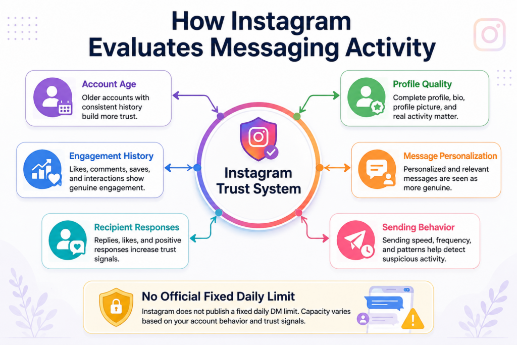 Flowchart showing factors Instagram uses to evaluate messaging behavior.