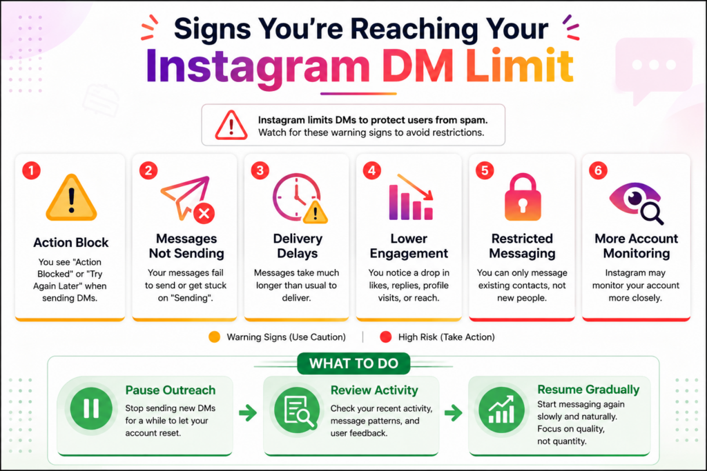 Infographic showing warning signs before Instagram messaging restrictions.